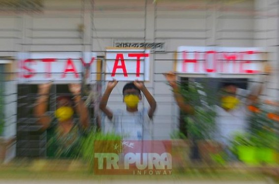 Lockdown observed with enthusiasm, Apartment displayed banners with Stat Home slogan Lockdown observed with enthusiasm, Apartment displayed banners with Stat Home slogan